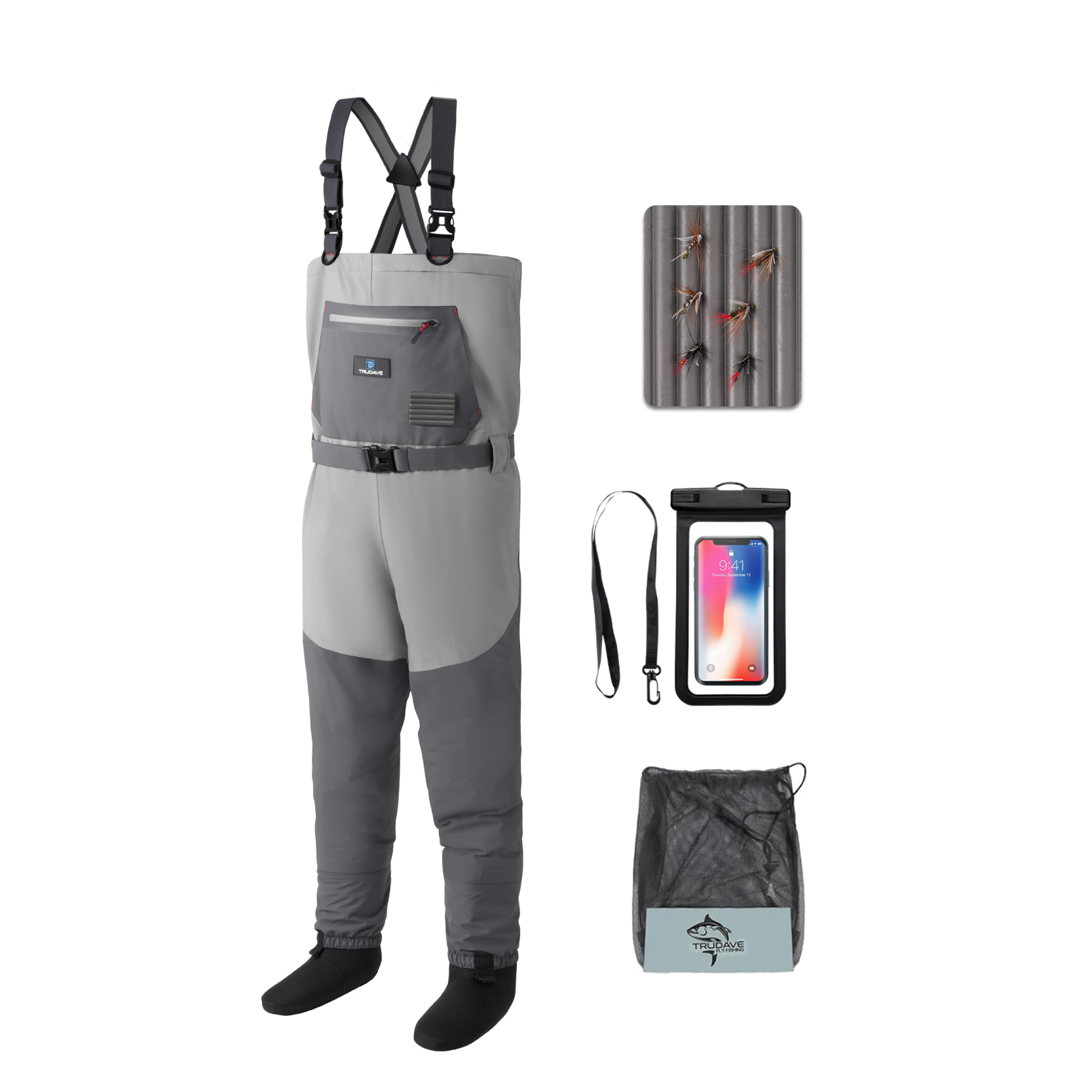 Front view of Trudave BreezeFly Series men’s lightweight waterproof fishing chest waders with boots – durable, breathable gear for anglers and outdoor fishing